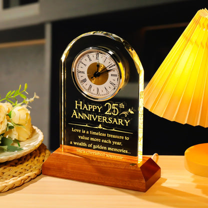 YWHL 25th Wedding Anniversary Clock Gifts for Couple, 25 Years Anniversary Keepsake Gift for Wife Husband, Table Clock Glass Presents with Wooden Light Base for Home Decoration (Battery not Included)