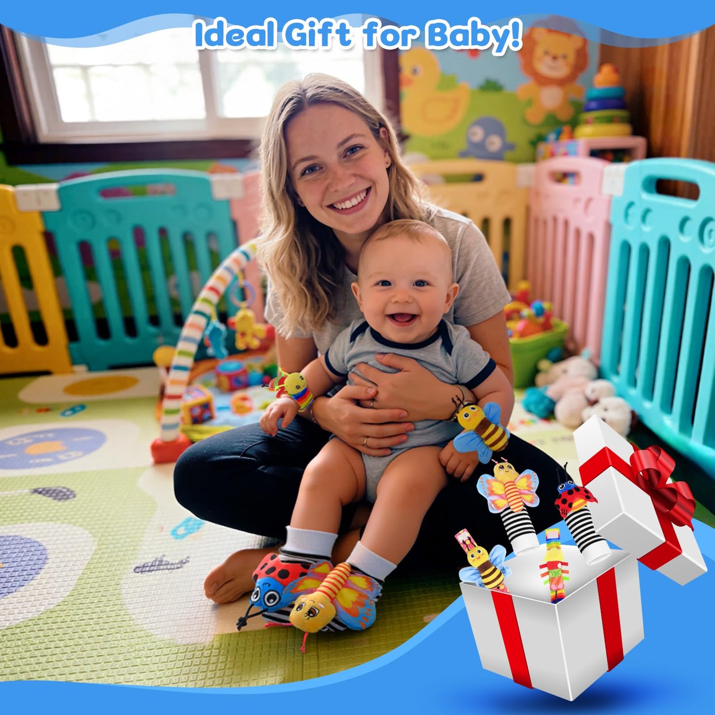 Baby Sensory Toys 0-6 Months, Socks and Foot Finder Set with Sounds for Babies 6-12 Months, Wrist Rattles for Babies 0-12 Months, Newborn Essentials Toy, Toddler Baby Boy Girl Shower Gifts