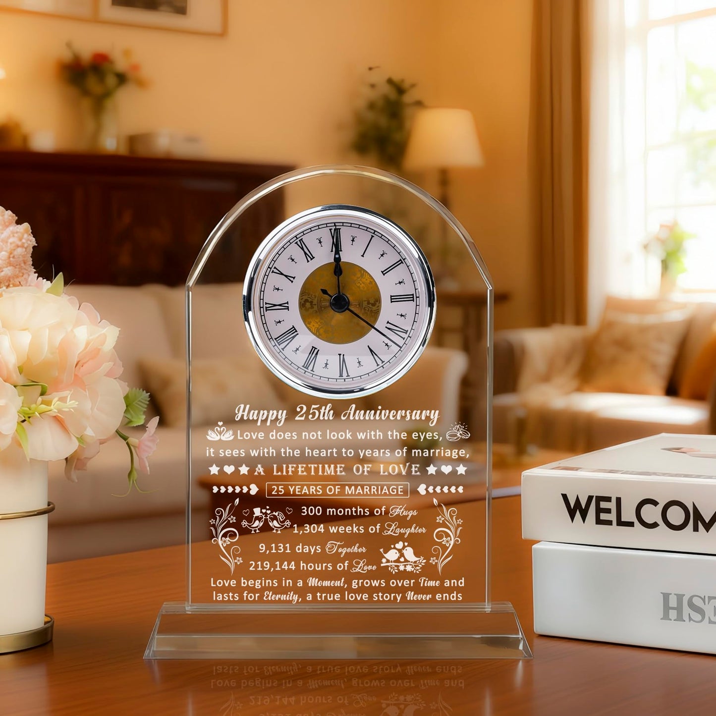 25th Wedding Anniversary Glass Quartz Clock Gifts for Women Men, 25 Year Anniversary Romantic Gift for Him Her, Silver Anniversary Clock Gifts for Couple, 25 Years of Marriage Gifts