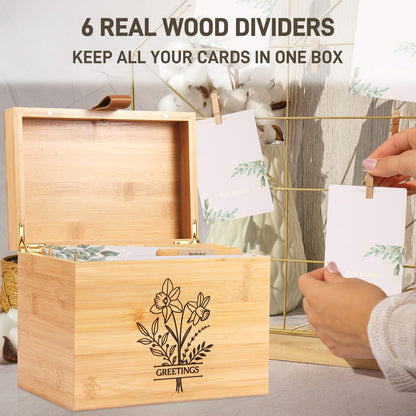 Large Bamboo Greeting Card Organizer Box with 6 Removable Dividers, Real Leather Handle, 100% Handmade Solid Bamboo, Storage Box for Christmas, Valentine, & Birthday Cards, Postcards, Stationery