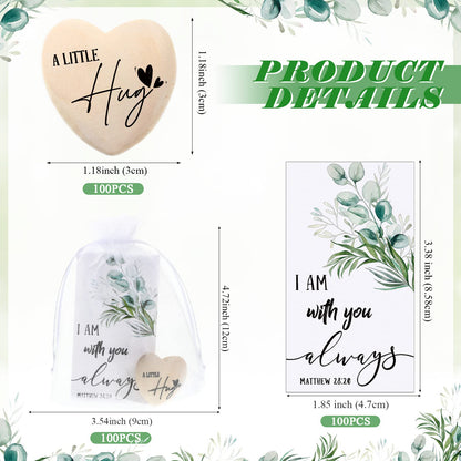 Bucherry 100 Sets Wooden Heart Pocket Hug Token with Bible Hug Card Organza Bag Bulk Student Pocket Reminder Keepsake Heart Charm for Family Friend Colleagues