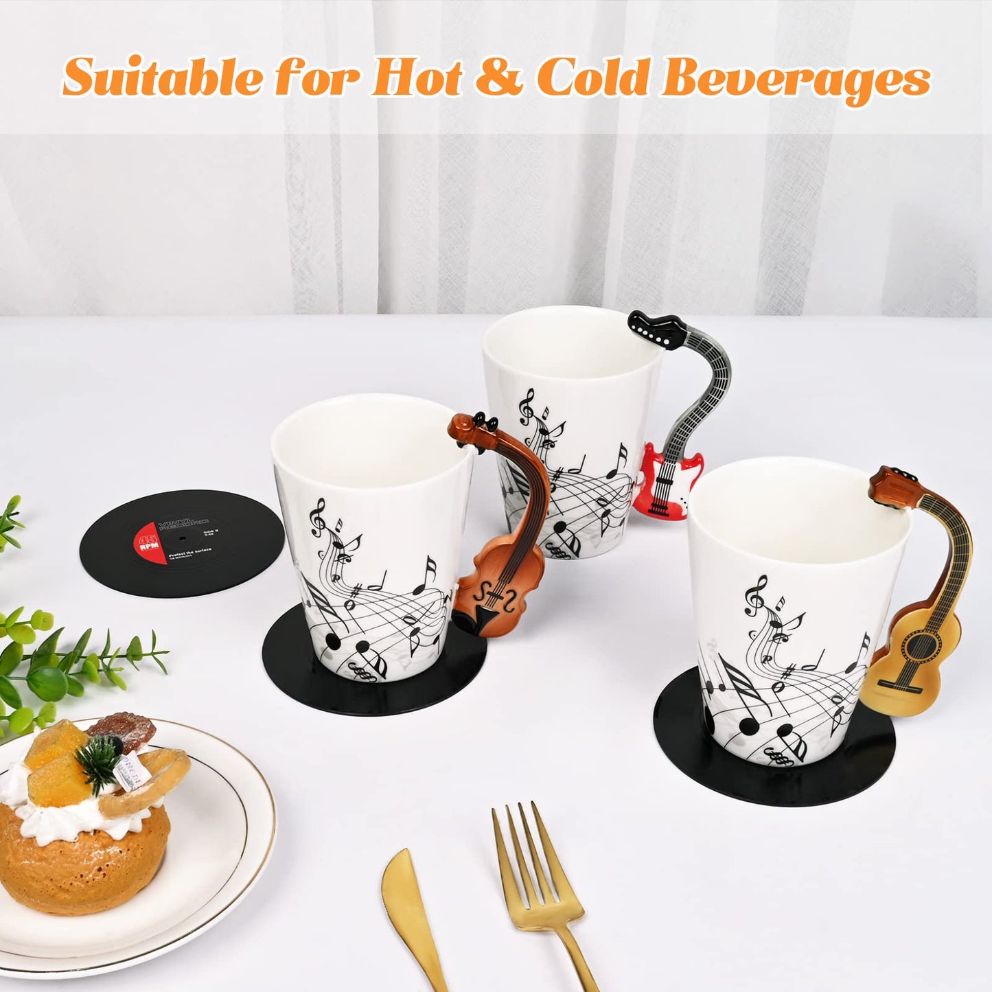 Maustic Guitar Mug, Guitar Gifts for Guitar Players, Music Teacher Gifts, Christmas Birthday Gift for Music Lovers, Ceramic Mug 13 Oz with Vinyl Record Coaster (Acoustic Guitars)