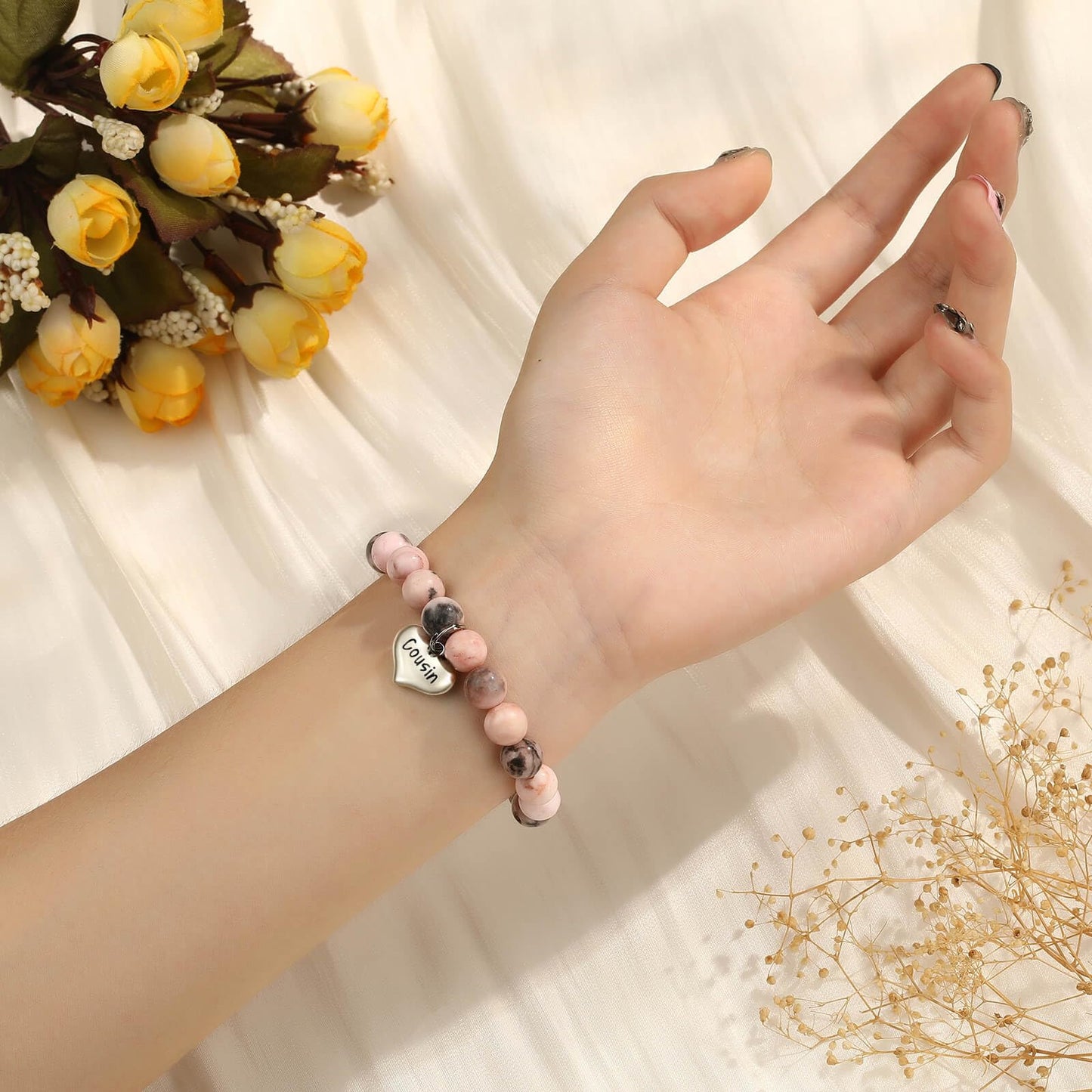 MIXJOY Inspirational Gifts for Women, Heart Charm Pink Elastic Beads Bracelet, Positive Affirmations Get Well Soon Gifts