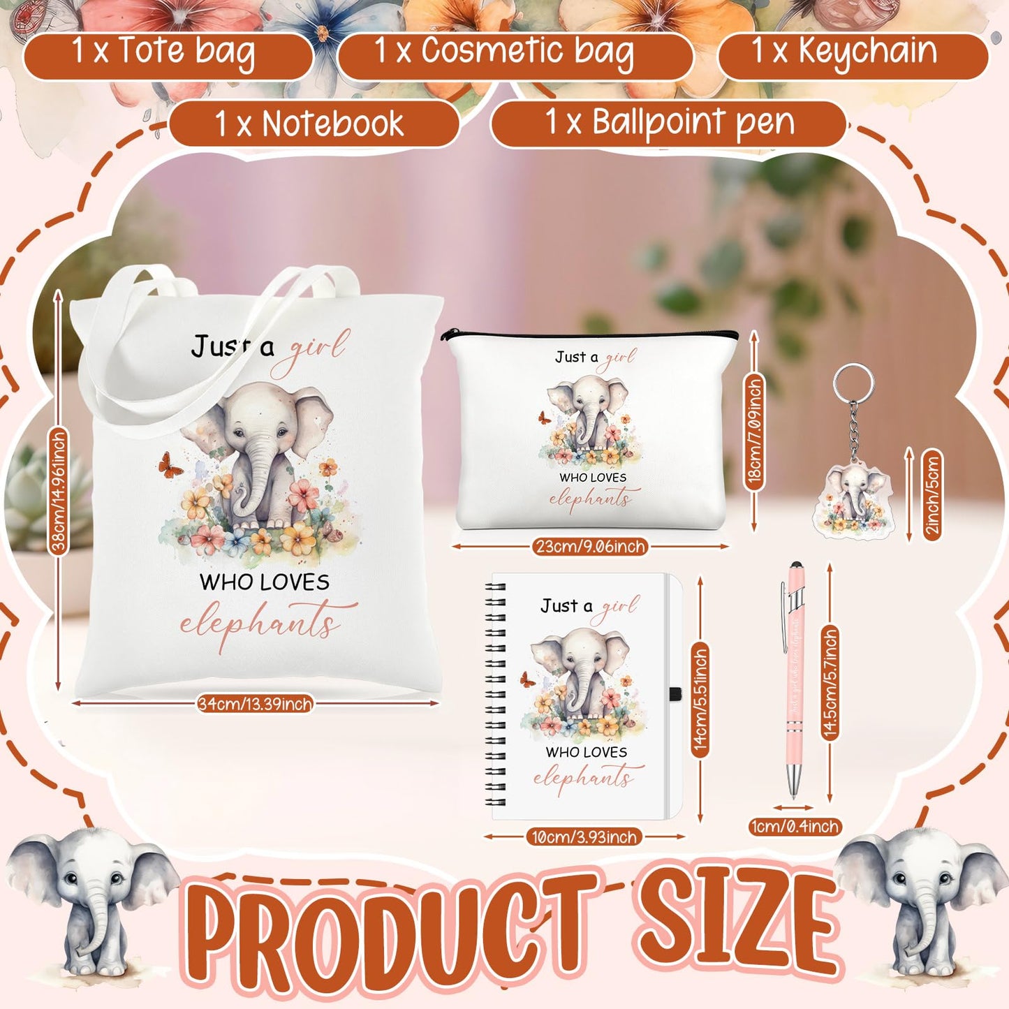 Kinlop 5 Pcs Elephant Pattern Gifts for Women Include Just a Girl Who Loves Elephants Tote Bag Canvas Cosmetic Bag Coil Notebook Keychain and Ballpoint Pen for Women Girls