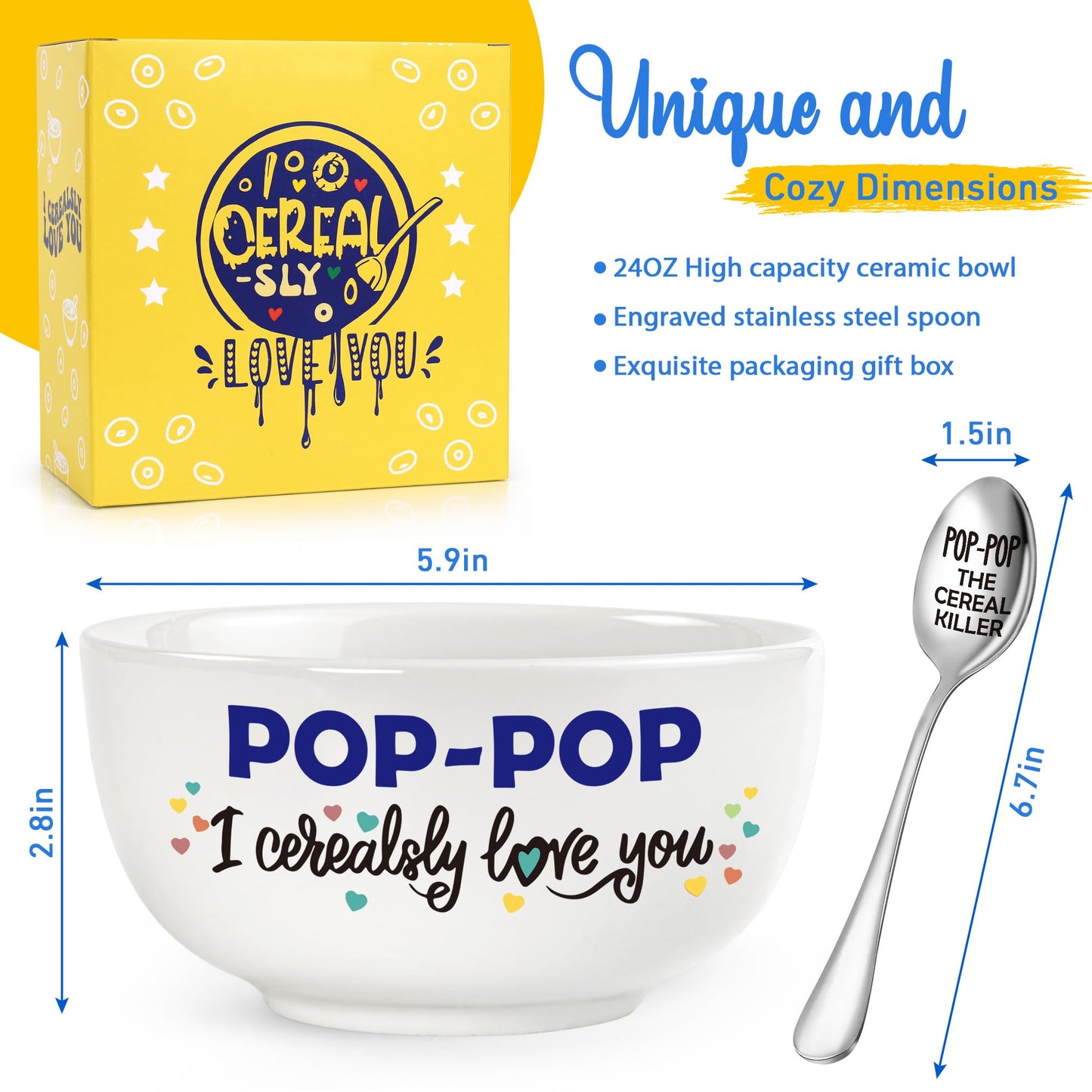 Pop-Pop Gifts for Fathers Day, Funny Pop Pop Gifts for Grandpa Birthday from Grandkids Granddaughter, Ceramic Cereal Bowl Presents, POP-POP I Cerealsly Love You