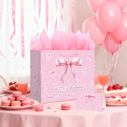 Happy Birthday Gift Bag with Card & Tissue Paper - Pink Bow Party Favor Birthday Bag for Kids, Medium Size 13x10.2x4.9 Inches, Ideal for Birthday Decorations