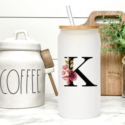 Personalized Gifts for Women, Monogrammed Frosted Glass Tumbler with Straw and Lid, Cute Customized Mug, Custom Initial Iced Coffee Glasses, Customizable Drinking Cup, Birthday Teacher Woman, S