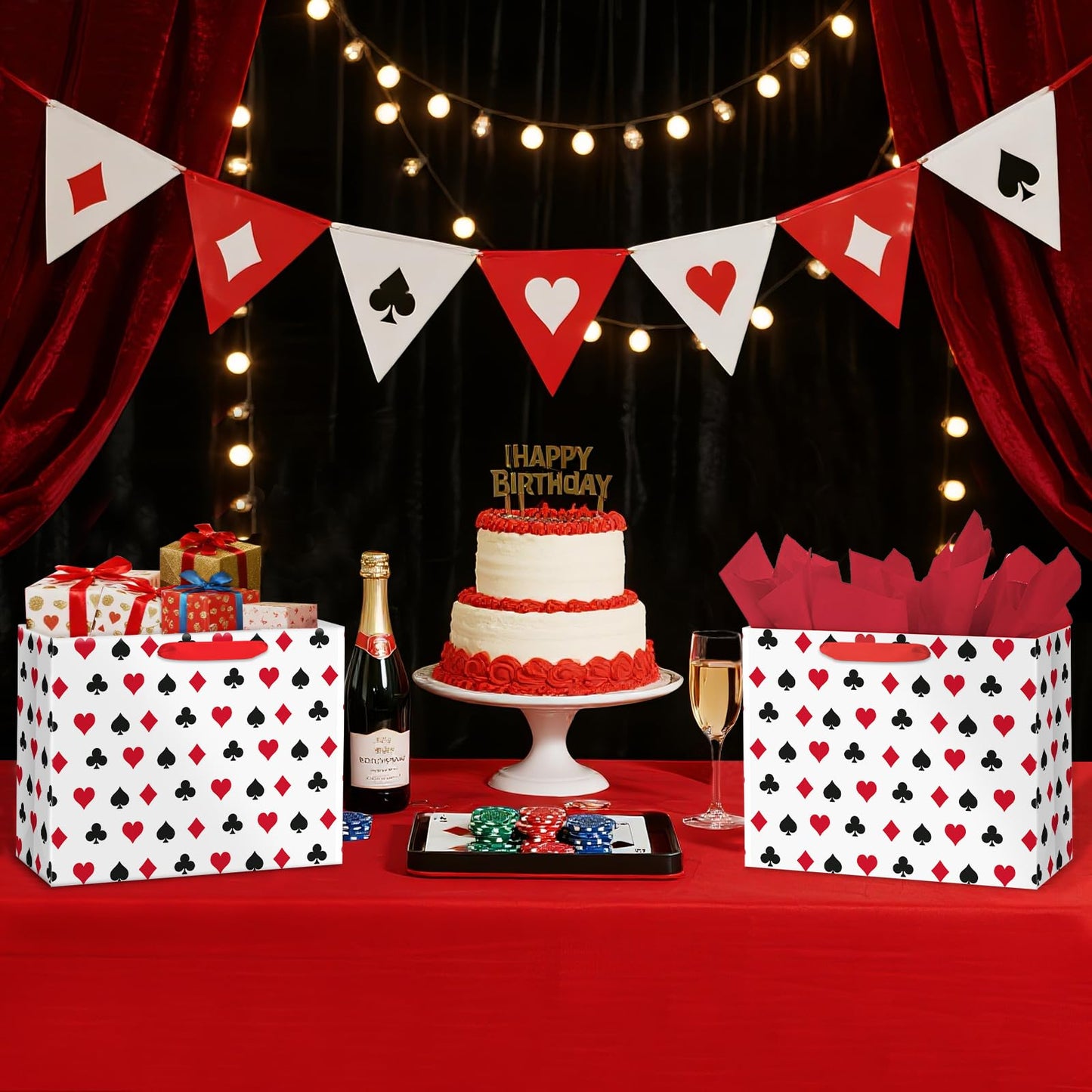 Loveinside 13" Large Funny Poker Gift Bag, Red Black Playing Card Suits Design Gift Bag with Tissue Paper for Poker Night, Las Vegas Party, Birthday, Casino Theme Party, 13" x 5" x 10", 1 Pcs