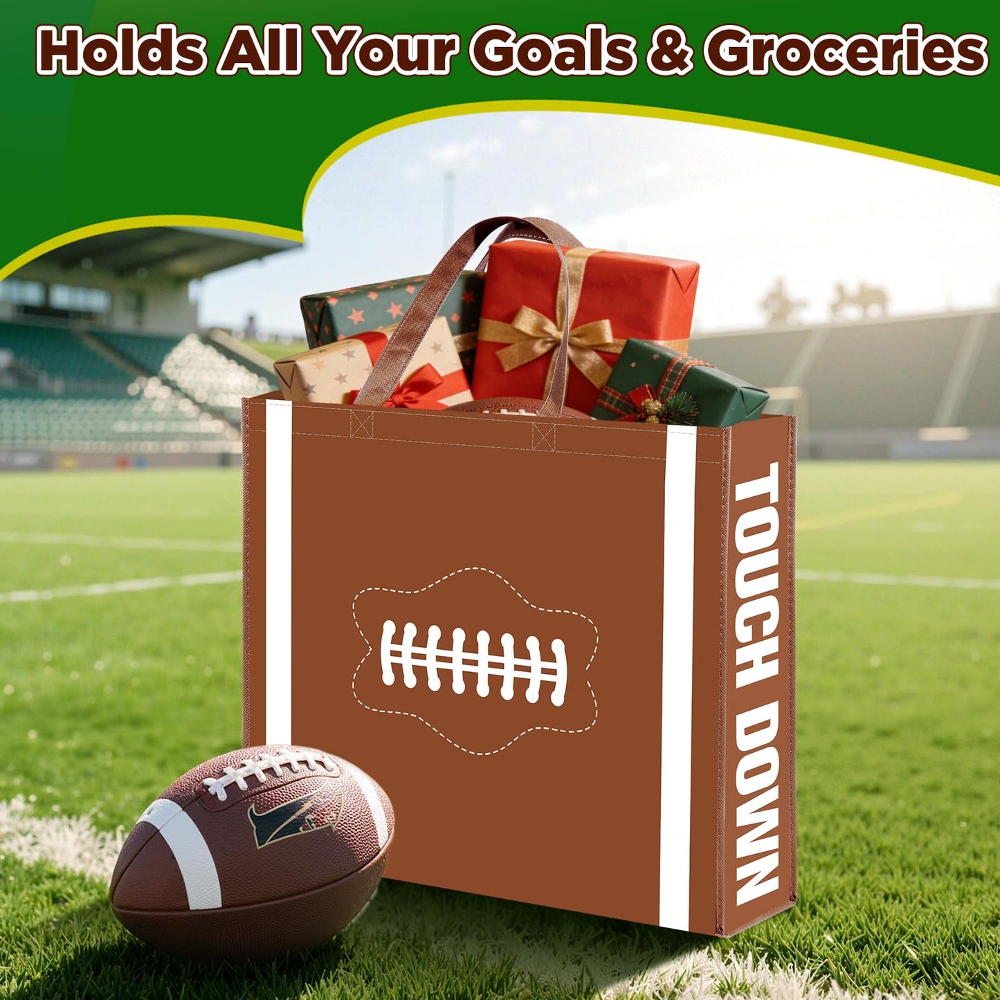 2 Pcs Extra Large Football Gift Bags, Jumbo Party Favor Bag with Handle, Large Capacity Non-Woven Pouch for Sports Supplies, Picnic, Beach, Gift Storage, Birthday, 19.7x15.8x5.1 inch (2)