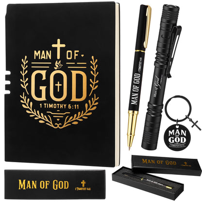 Kosiz 5 Pcs Man of God Father's Day Christian Gifts for Men Leather Journal Notebook Cross Keychain Waterproof Pocket Flashlight with Clip Bible Verse Pen with Pen Box Pastor Baptism Gifts