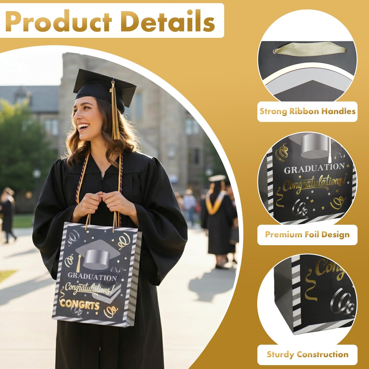 Iconikal 3-Pack Graduation Gift Bags, Large 10.5x13x5.5 Inch, Foil Embellished Designs