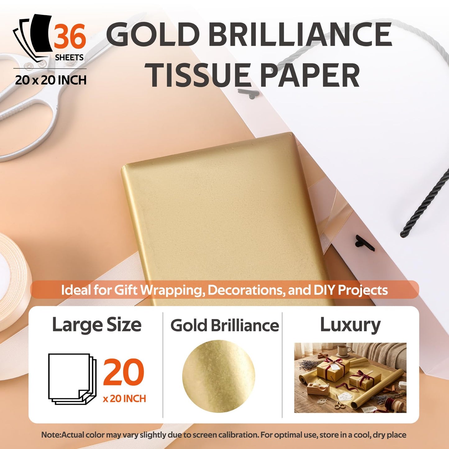 SUNCOLOR 36 Sheets Gold Tissue Paper for Gift Bags, 20 x 20 Inch Shiny Metallic Wrapping Paper for Christmas Weddings Birthdays and Crafts