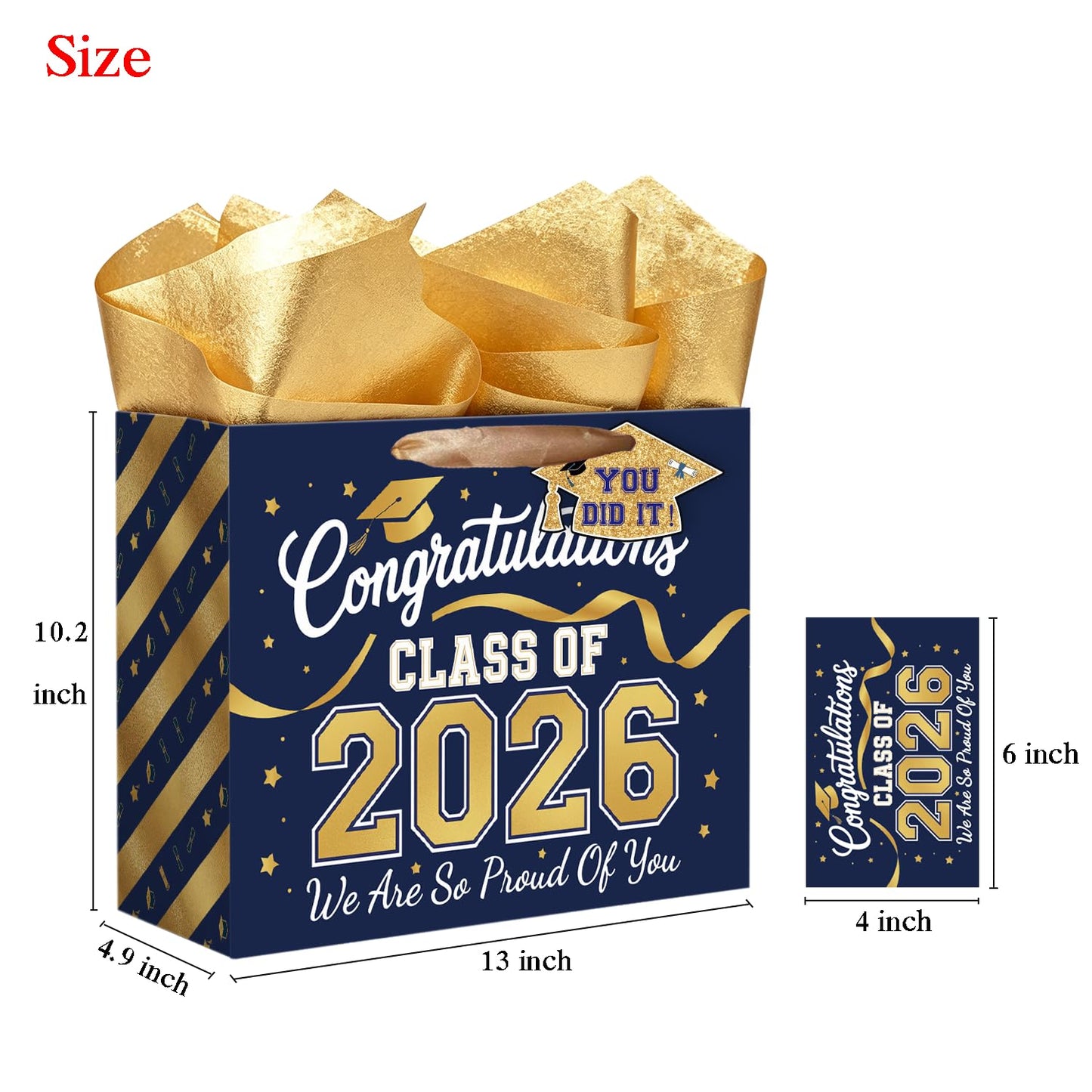 TOTEUSVIA 13" Large Graduation Gift Bag, Blue Gold Congratulations Gift Bags for Class 2026 with Tissue Paper and Greeting Card