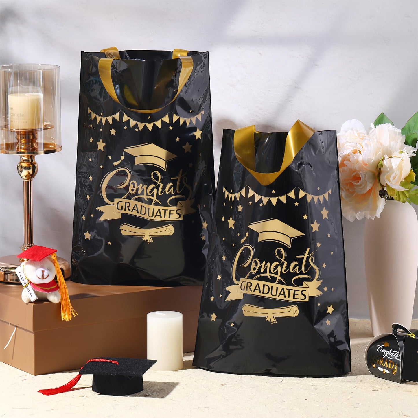 Kolldenn 50 Pcs Graduation/thank You Gifts Bags Employee Appreciation Goodie Bags with Handles Congrats Grad Reusable Plastic Party Favors for Gift Wrapping(Black Gold,Congrats Graduates)