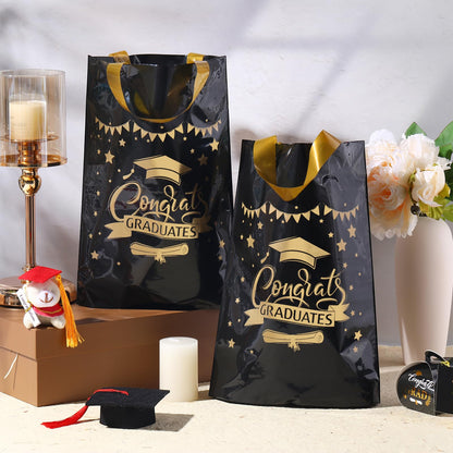 Kolldenn 50 Pcs Graduation/thank You Gifts Bags Employee Appreciation Goodie Bags with Handles Congrats Grad Reusable Plastic Party Favors for Gift Wrapping(Black Gold,Congrats Graduates)