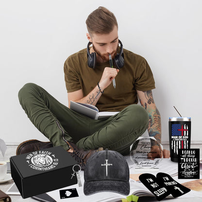 10 Pcs Christian Gifts for Men Faith, Inspirational Religious Gifts, Catholic Gift with 20 Oz Tumbler Bible Verses Crystal Plaque Hat Socks Bracelet Keychain for Husband, Dad, Grandpa, Friends