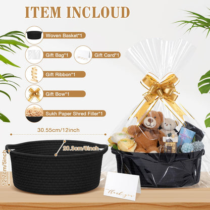 Colingmill Graduation Woven Basket with Gift Bags and 2 Ribbons, Raffia Grass Paper Shred Filler, Gift Card, Empty Small Rope Basket for Storage Presents Toy Organizer(Black,12 * 8 Inch)