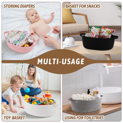 OIAHOMY Small Woven Basket with Gift Bags, Ribbons & DIY Label Card, Baskets for Gifts Empty, Small Rope Basket 12 * 8 * 5IN, Cute Decorative baskets with Handles for Baby Pets, Toys, Black