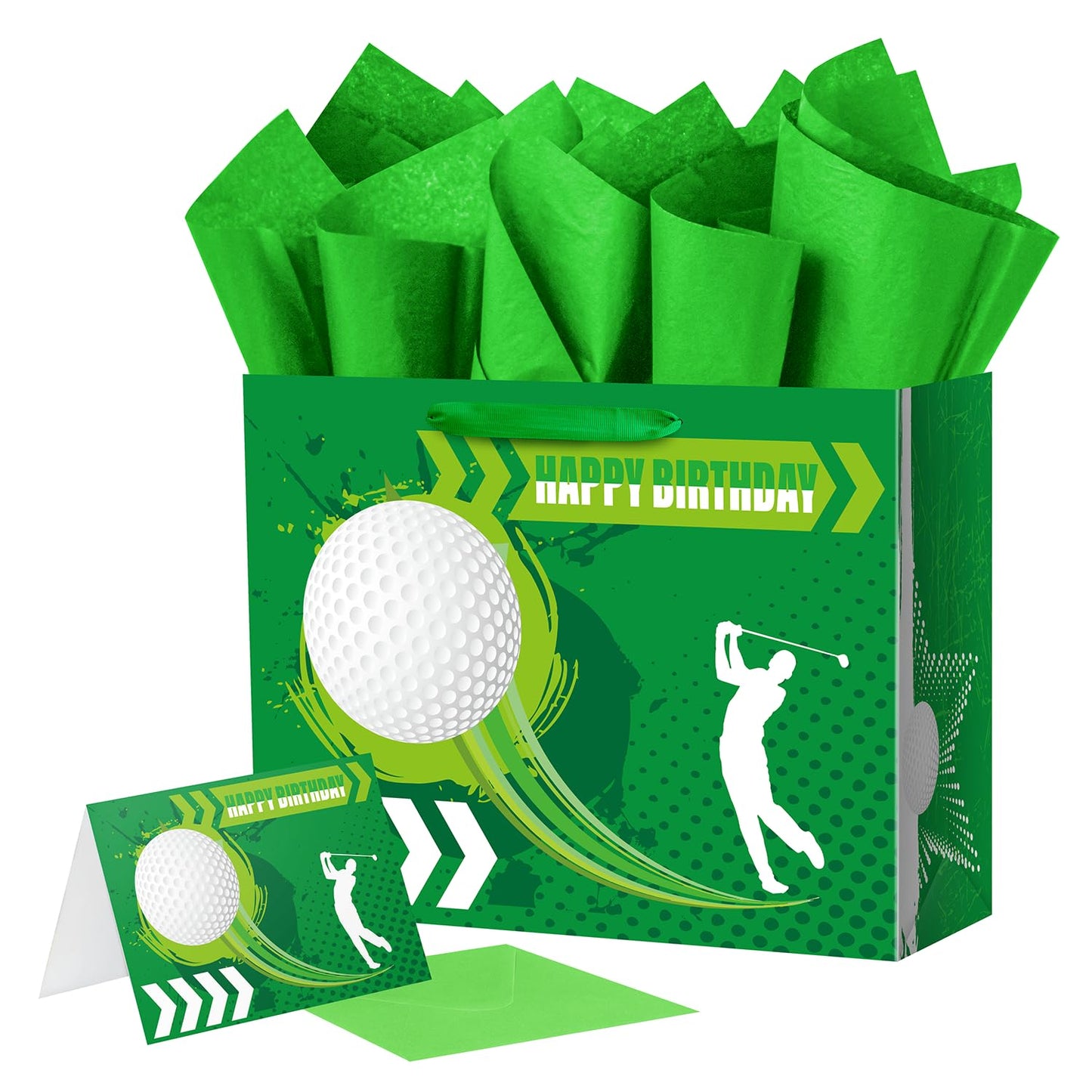 13" Large Golf Gift Birthday Bag with Tissue Paper for Sports Club for Men Boys Teens Kids (Green)