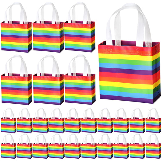 50 Pcs Gay Pride Day Gift Bags Bulk Reusable Tote Bags with Handle, Rainbow Striped Non Woven Flat Bottom Tote for Wedding Birthday Lgbt Awareness Month Party Supplies (Rainbow)