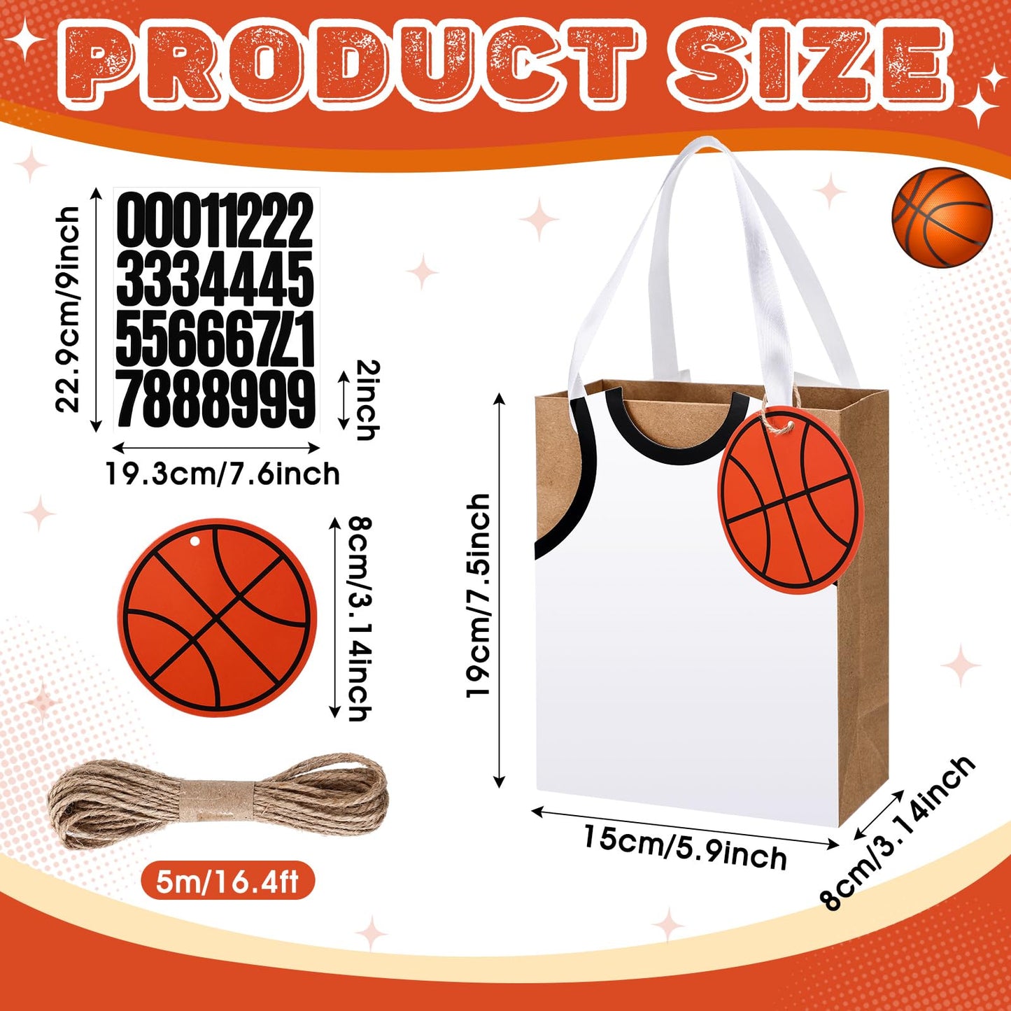 YooNotee 12 Sets Basketball Gift Bags with Handles DIY Personalized Basketball Goodie Treat Candy Snack Bags for Birthday Team Game Party Favor Supplies