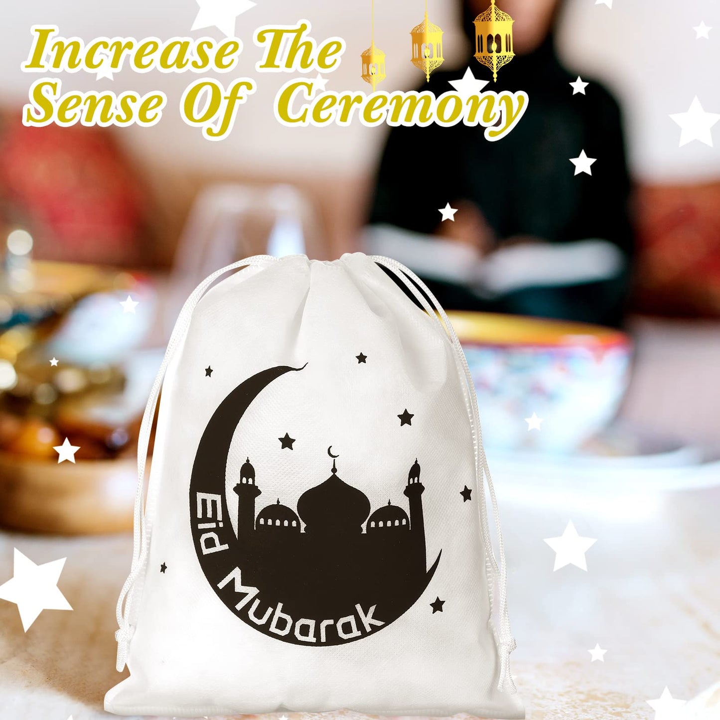 Boao 24 Count Eid Gift Bags, Black, 25 x 20 Cm/ 9.84 x 7.87 Inches, Small Ramadan Canvas Sack Gift Bags with Drawstring, Religious Theme, for Eid Mubarak Goodie Package Storage, Parties and Gatherings
