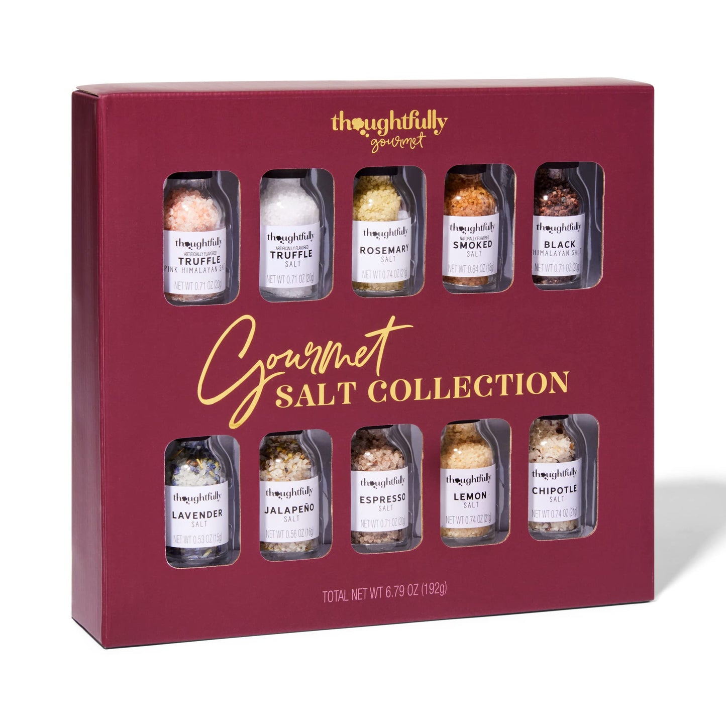 Thoughtfully Gourmet, Gourmet Cooking Salt Sampler Gift Set, Gourmet Seasoning Salts In Glass Bottles, Flavors Include Smoked, Lavender, Rosemary, Truffle, Lemon, Chipotle and More, Set of 10