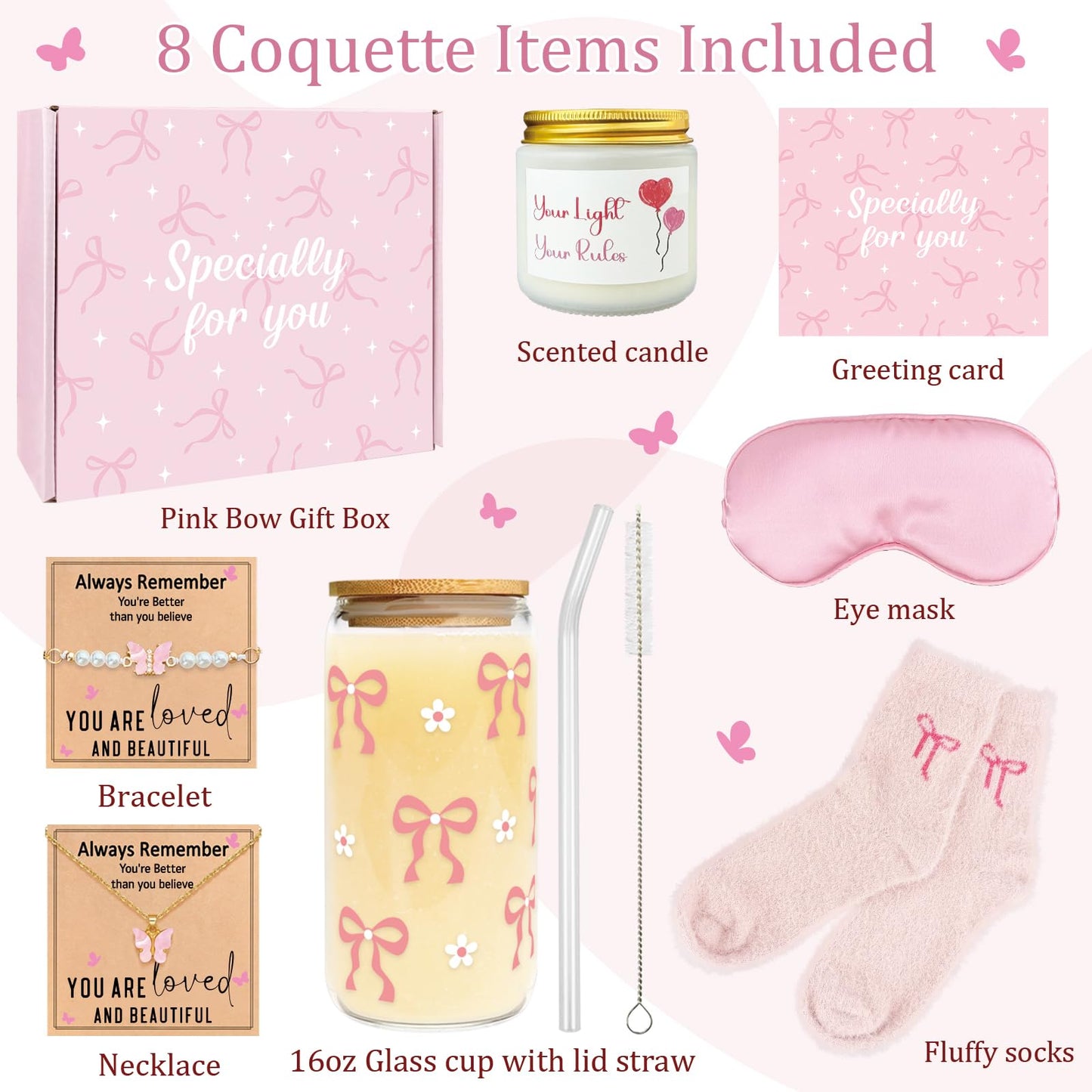 Pink Gifts for Women - 8PCS Pink Bow Gift Set for Her - Coquette Birthday Basket for Friends - Aesthetic Bow Accessories Set for Valentine's Day - Girly Stuff for Galentines