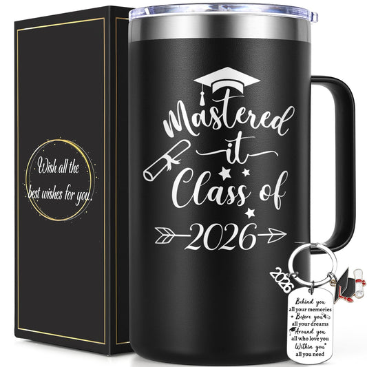 Lifecapido Masters Degree Graduation Gifts, Mastered It Class of 2026 20oz Insulated Coffee Mug with Keychain and Graduation Card, 2026 Graduation Gifts for Graduates, Black