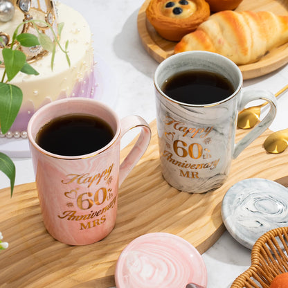 60th Wedding Anniversary GIF-ts, Diamond Wedding Anniversary GIF-ts, 2PCS Happy 60th Anniversar-y Gift Mr Mrs Gifts Diamond Anniversar-y Gifts for Couples Parents, Marble Ceramic Cups 14oz