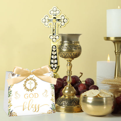 Kolldenn 25 Pack Baptism Gift Bags for Guests Gold God Bless Paper Gift Bags with Handles and Bow Ribbon for Baptism Guests Theme Party Favors Christenings Easter