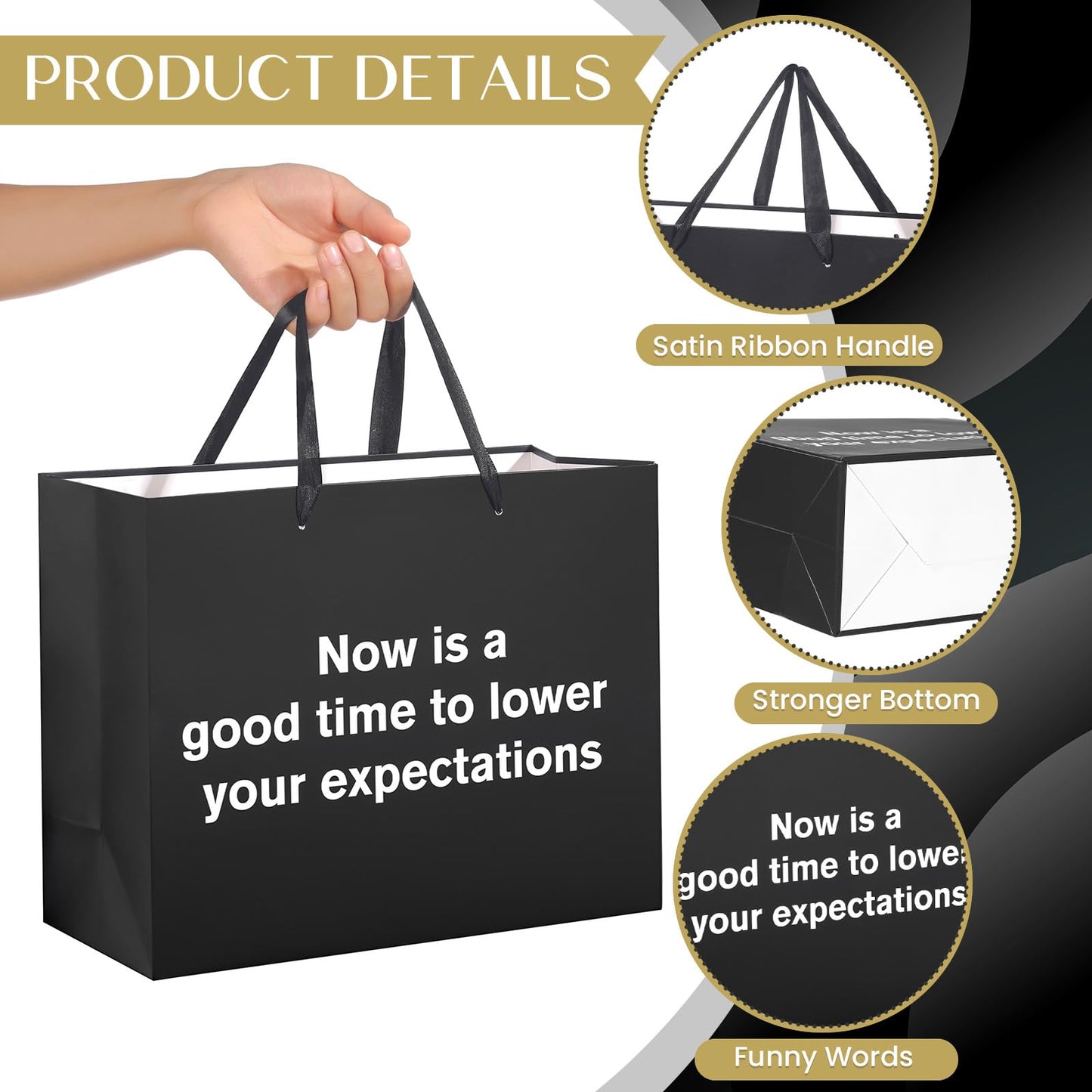 Funny Gift Bag To Lower Your Expectations Black Gag Gift Bags with Tissue Paper and Greeting Card Inappropriate Snarky Funny Birthday Gift Wrapping Paper for Office Coworker Best Friend Men Women