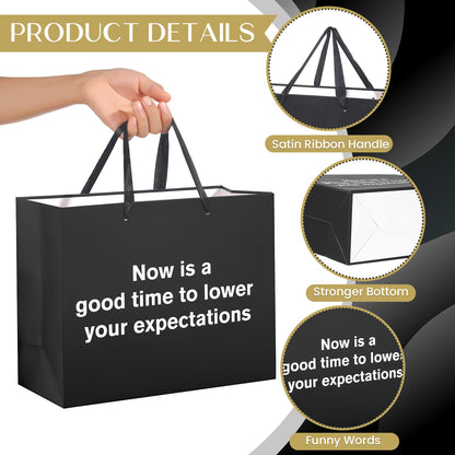 Funny Gift Bag To Lower Your Expectations Black Gag Gift Bags with Tissue Paper and Greeting Card Inappropriate Snarky Funny Birthday Gift Wrapping Paper for Office Coworker Best Friend Men Women