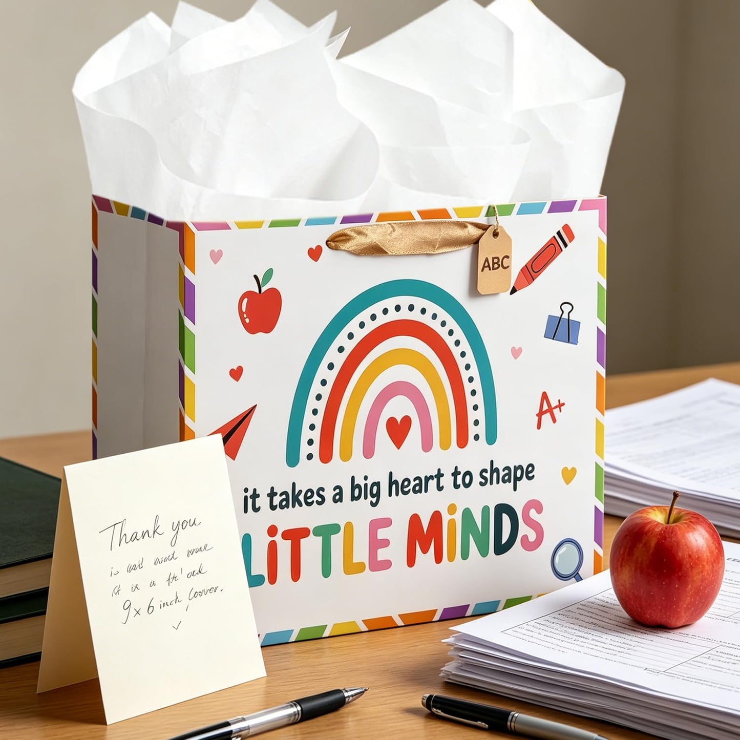 TOTEUSVIA 13" Large Teacher Gift Bag, Teacher Appreciation Gift Set Bags with Tissue Paper and Greeting Card
