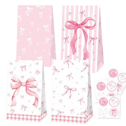 24 Pcs Pink Bow Party Paper Gifts Bags Girl Bow Birthday Party Treat Bags, Coquette Birthday Goodie Candy Bags for Bow Bridal Hot Pink Bachelorette Party Supplies(24-Bow-Bags)