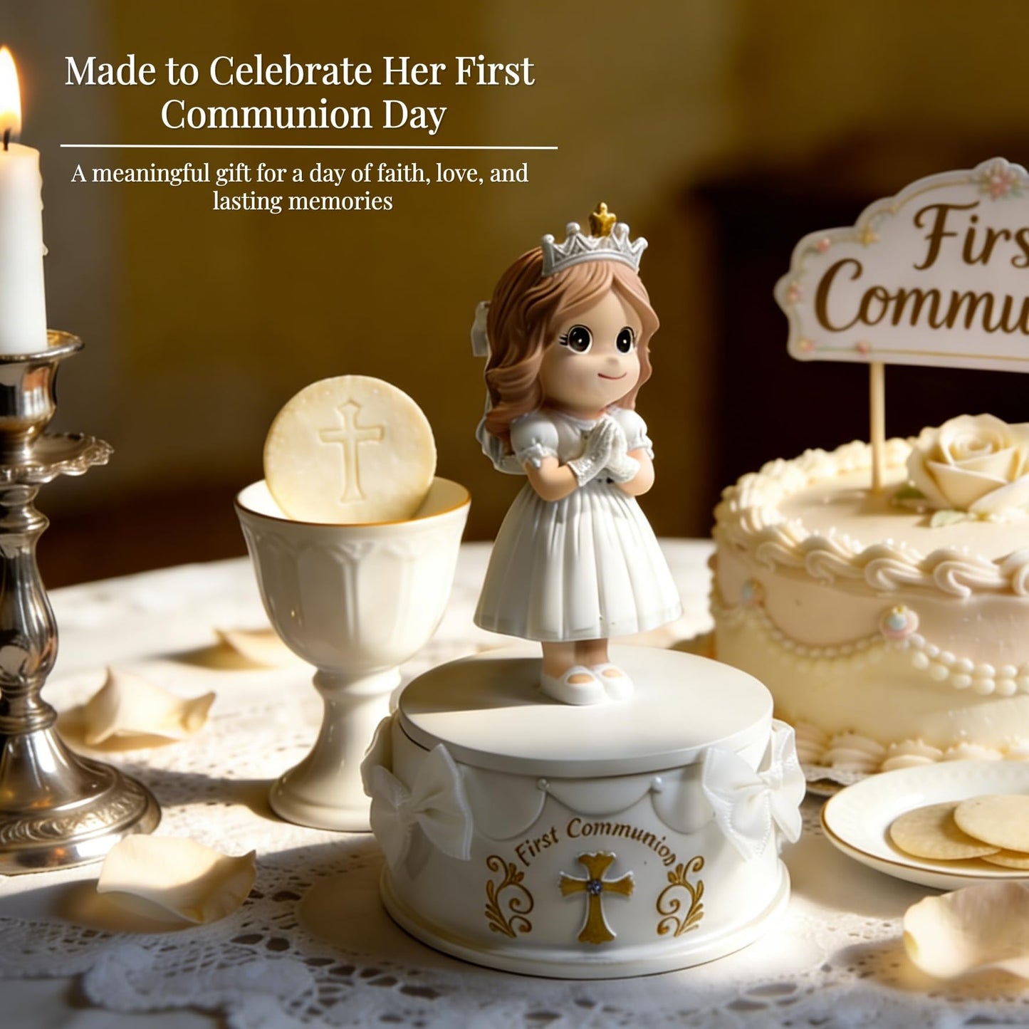 First Communion Gifts for Girls - 1st Holy Communion Gift with Prayerful Girl Figurine, Keepsake Box & Pearl Bracelet - Religious Keepsake Gift for Girls