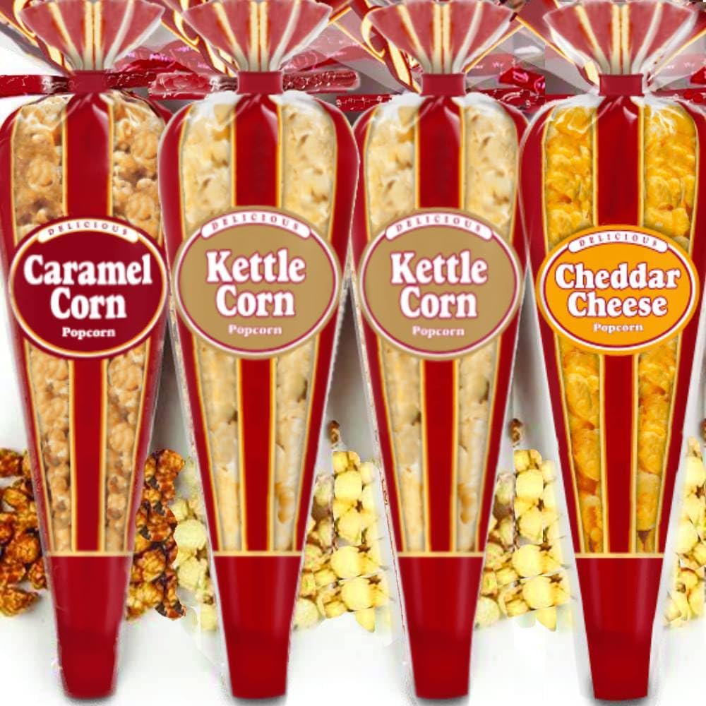 Gourmet Popcorn – Premium Pack of 4 Popcorn Mini Cones & Exclusive Inspirational Sticker! Small Storage Space Friendly & Great Stocking Stuffers!
