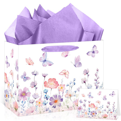 Purple Butterfly Gift Bag for Women Girls Purple Floral Birthday Party Favors Bags with Wrapping Tissue Paper and Greeting Card for Birthday Wedding Shower Party Supplies