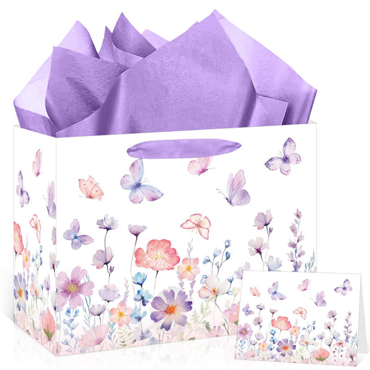 Purple Butterfly Gift Bag for Women Girls Purple Floral Birthday Party Favors Bags with Wrapping Tissue Paper and Greeting Card for Birthday Wedding Shower Party Supplies