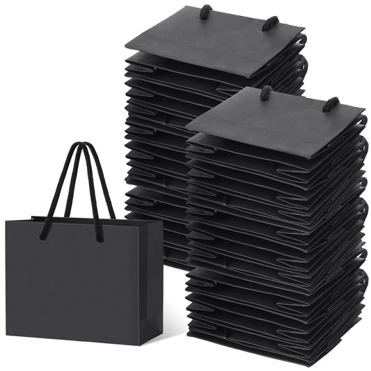 Honoson 100 Pcs Thicken Black Mini Gift Bags with Handles, 3.9 x 4.7 x 2.4 Inch Small Paper Goodie Shopping Bags for Small Business Party Wedding Gift Wrap Valentine