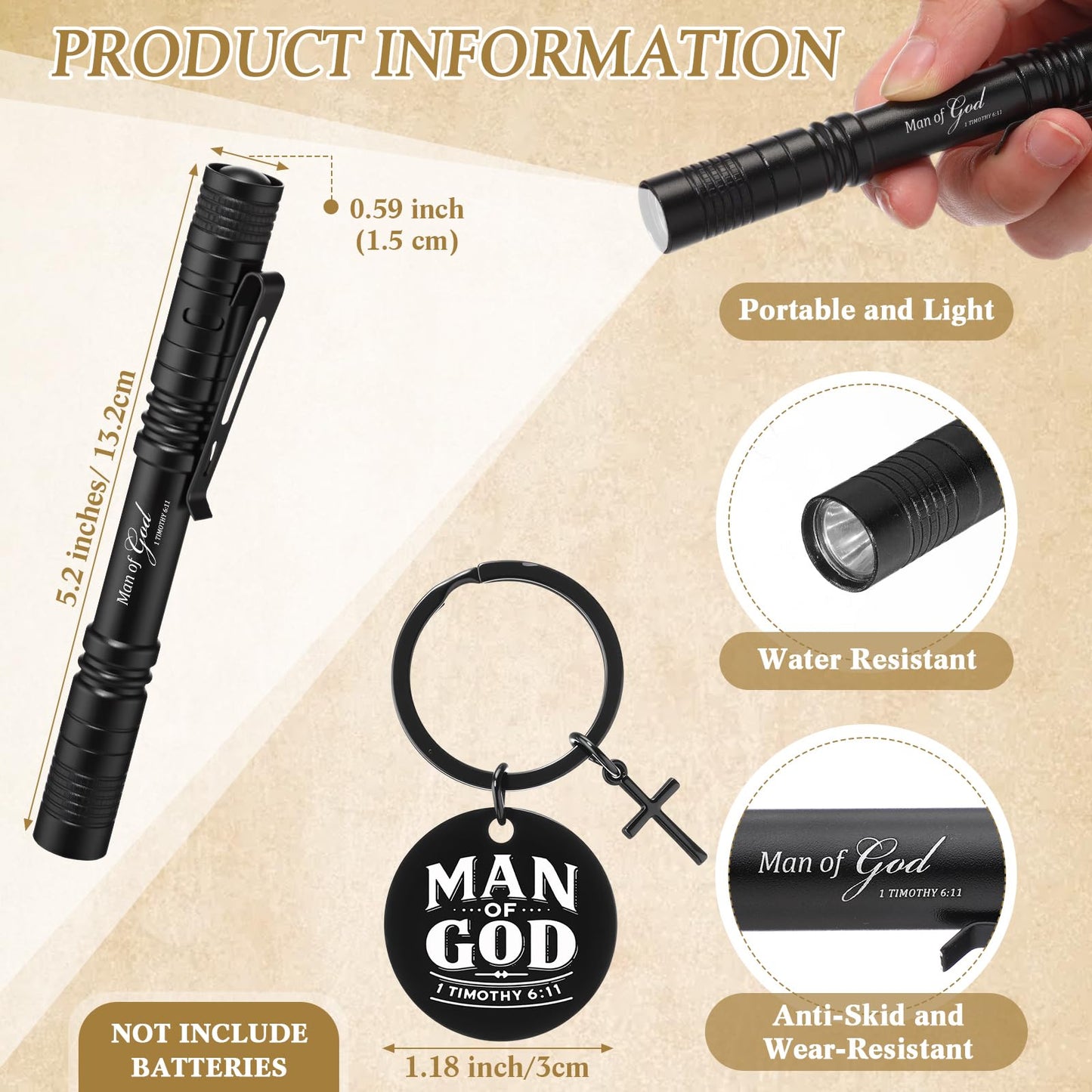 Kosiz 5 Pcs Man of God Father's Day Christian Gifts for Men Leather Journal Notebook Cross Keychain Waterproof Pocket Flashlight with Clip Bible Verse Pen with Pen Box Pastor Baptism Gifts
