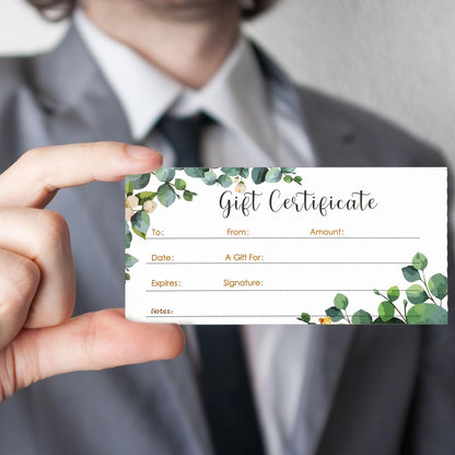 Nuanchu 100 Sets Gift Certificates for Business Christmas Blank Gift Certificate Cards Vouchers Coupon Card with 100 Envelopes for Salon Spa Restaurants Birthday, 4.7 x 2.4 in(Green,Eucalyptus)