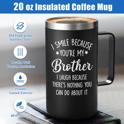 Lifecapido Brother Gifts from Sister, I Smile Because You’re My Brother 20 oz Insulated Coffee Mug, Christmas Birthday Gifts for Brothers, Black