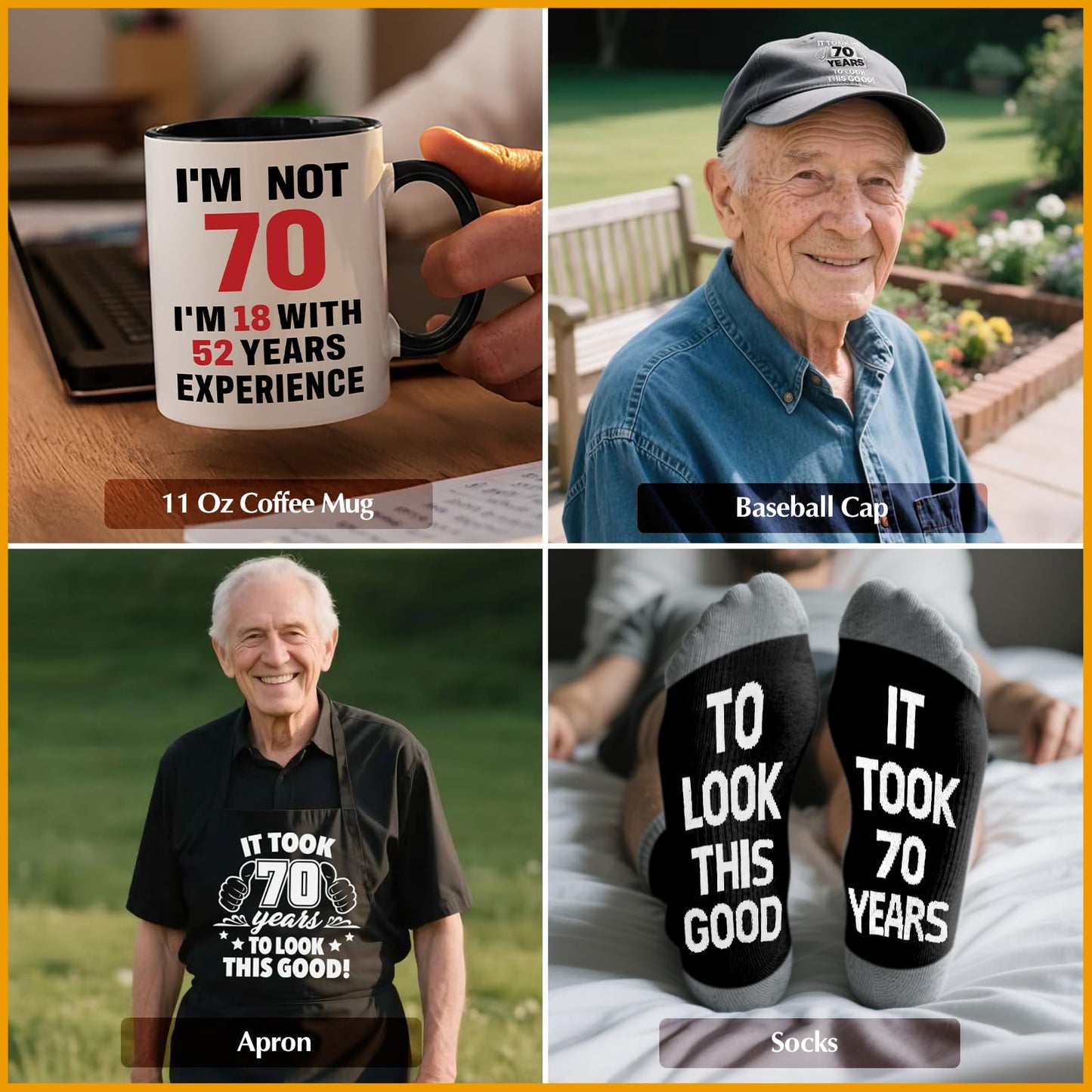 70th Birthday Gifts for Men Coffee Mug Set, 70th Birthday Party Supplies, Turning 70 Gift with 11 Oz Ceramic Cup Baseball Cap Apron Sock Bracelet Toilet Paper Keychain for Him, Dad, Husband, Friends