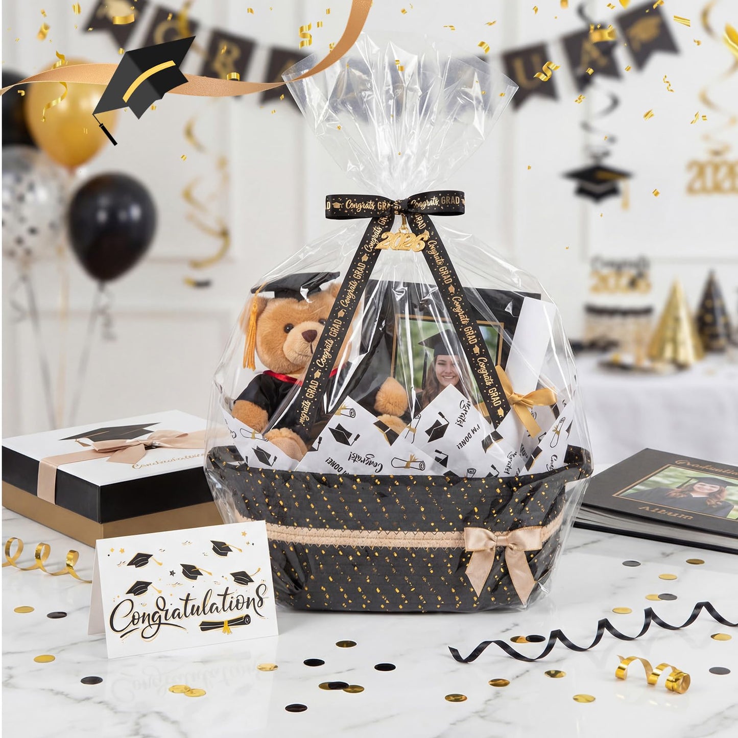 Colingmill Gift Basket for Graduation, Empty Woven Basket with Gift Bag Bow and Tissue Paper, Decorative Rope Baskets for 2026 Grad Keepsake Gifts, 14"x 10"x 5.5"(Black)