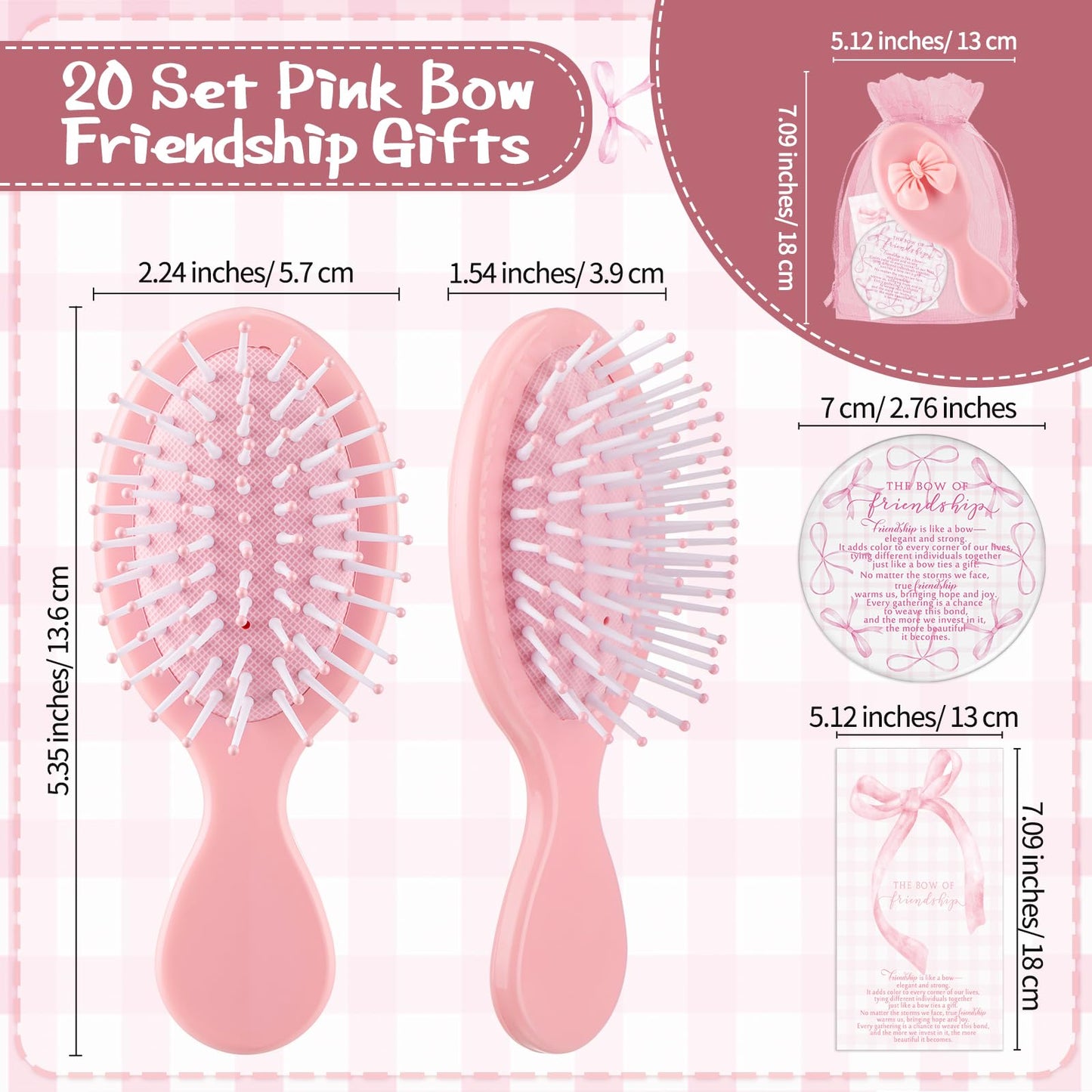 Mimorou 20 Sets Friendship Gifts Bulk Coquette Bow Hairbrushes Mirrors Cards with Bags for Galentines Party Favors Girls Trip Weekend Bachelorette Pink Friends Gifts