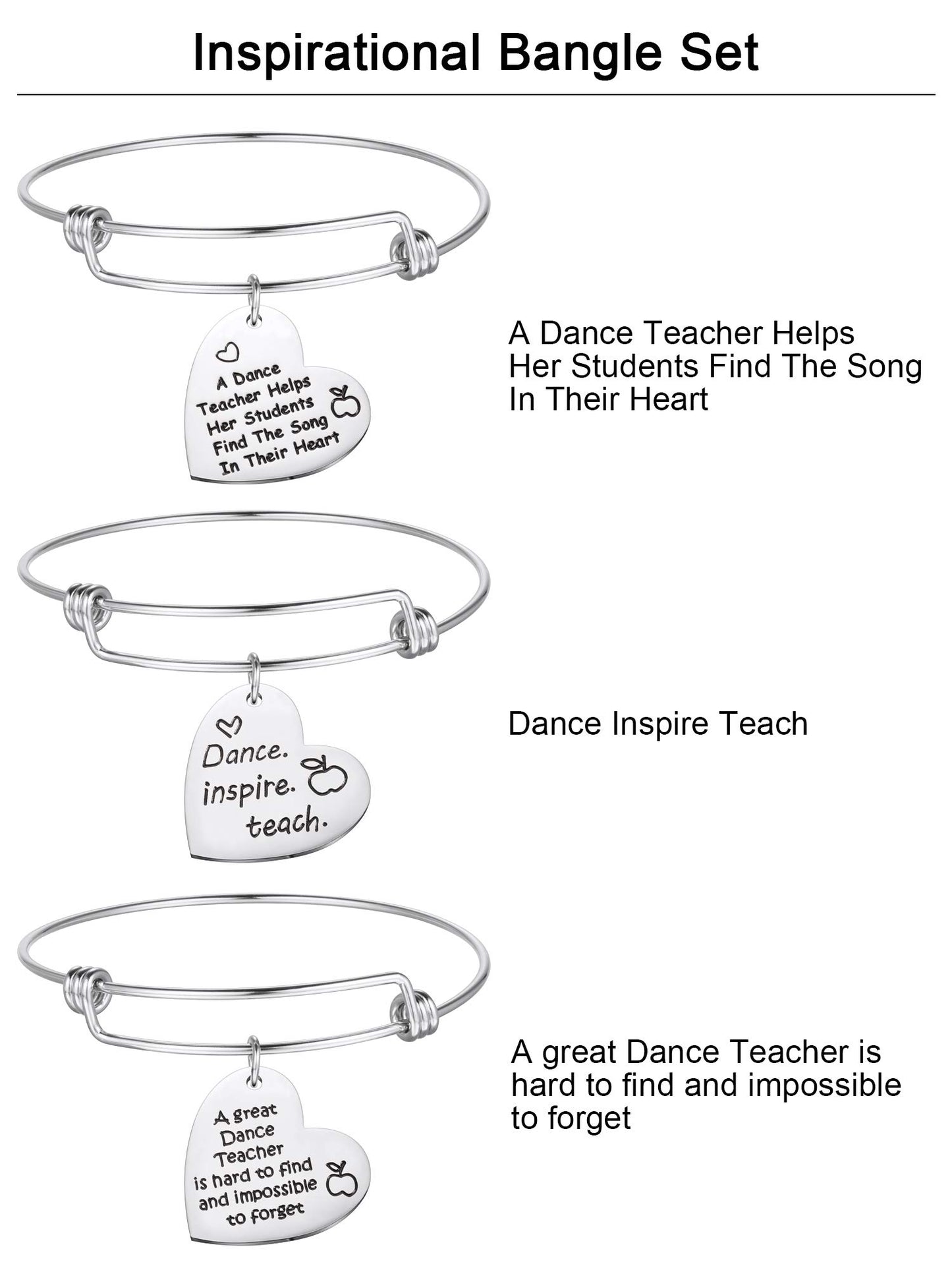 Zhanmai 3 Pieces Dance Teacher Gifts for 2026 Teacher's Day Bracelet Bangle Gift Engraved Appreciation Quotes Expandable Steel Bracelet with Heart Pendant for Women Dance Teacher