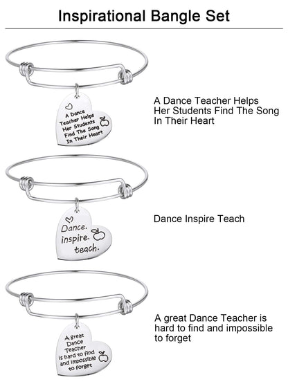 Zhanmai 3 Pieces Dance Teacher Gifts for 2026 Teacher's Day Bracelet Bangle Gift Engraved Appreciation Quotes Expandable Steel Bracelet with Heart Pendant for Women Dance Teacher