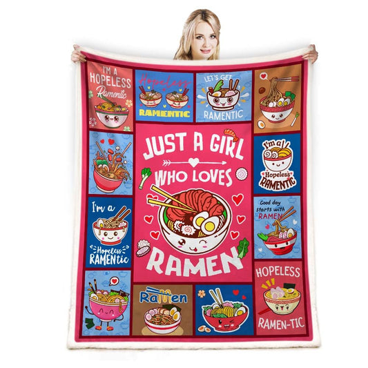 Ramen Throw Blanket Just A Girl Who Loves Ramen Blanket Ramen Soup Throw Blanket Ramen Boba Blanket Gift for Girls Loves Noodles Super Soft Lightweight Blankets 50" x 60"