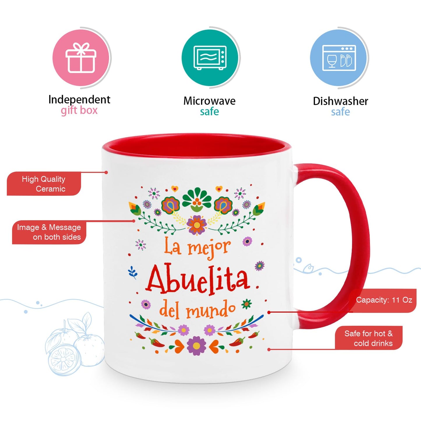 YHRJWN Abuela Coffee Mug - La Mejor Abuelita Del Mundo, Grandma Gift in Spanish for Mother's Day, Birthday, Christmas - Regalo Para Abuela, Taza Abuelos, 11 Oz, Red & White